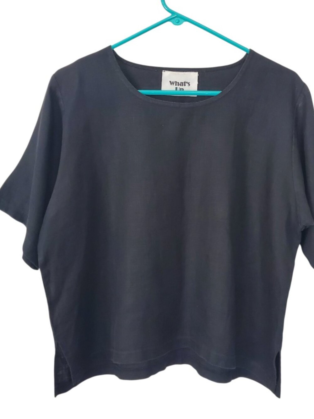 What's Up Black Linen Women's Casual Lagenlook Cropped Shirt - Small